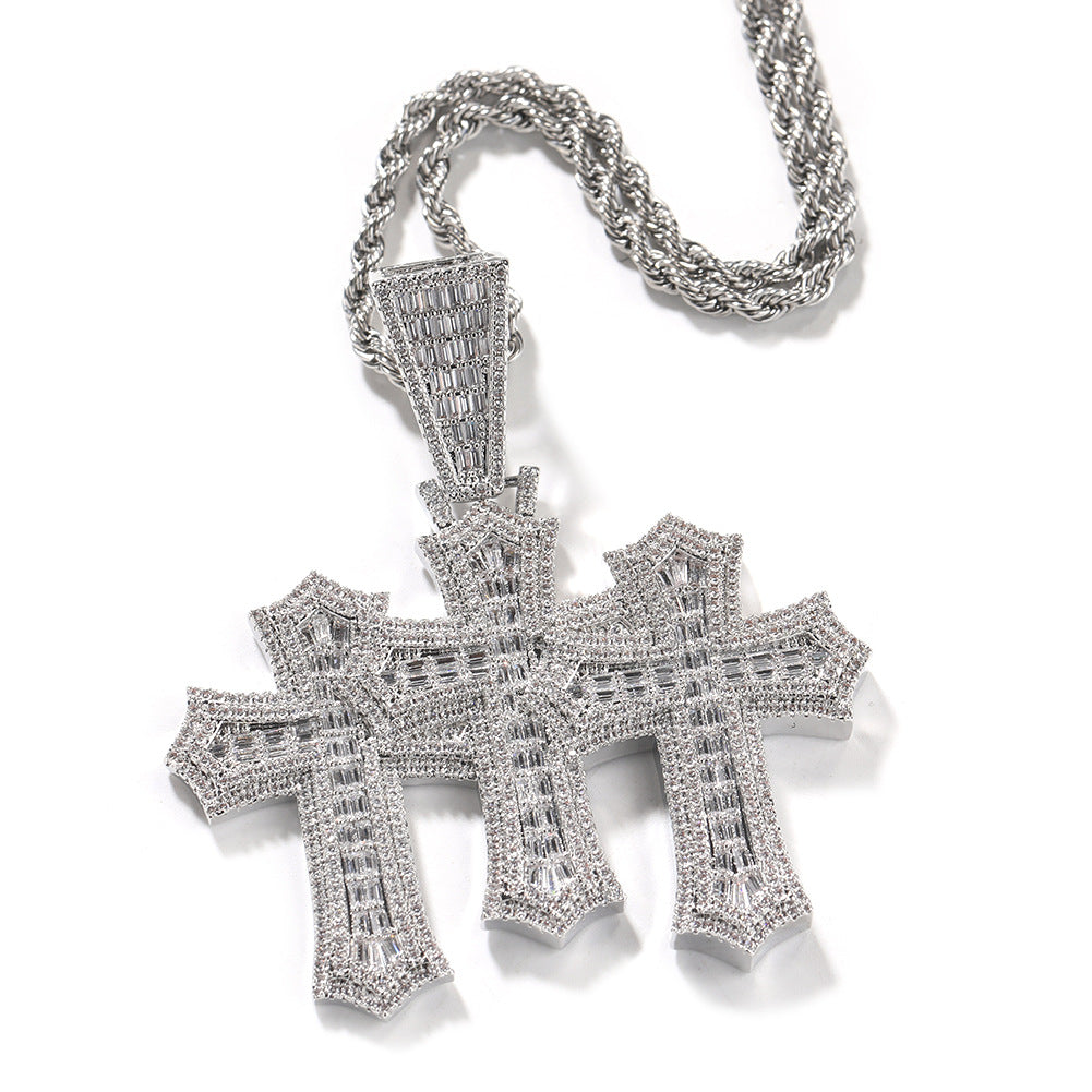 Square Zircon Diamond-Studded Cross Pendant — Geometric Iced Out Unisex Jewelry, Gold & Two-Tone, 24" Chain