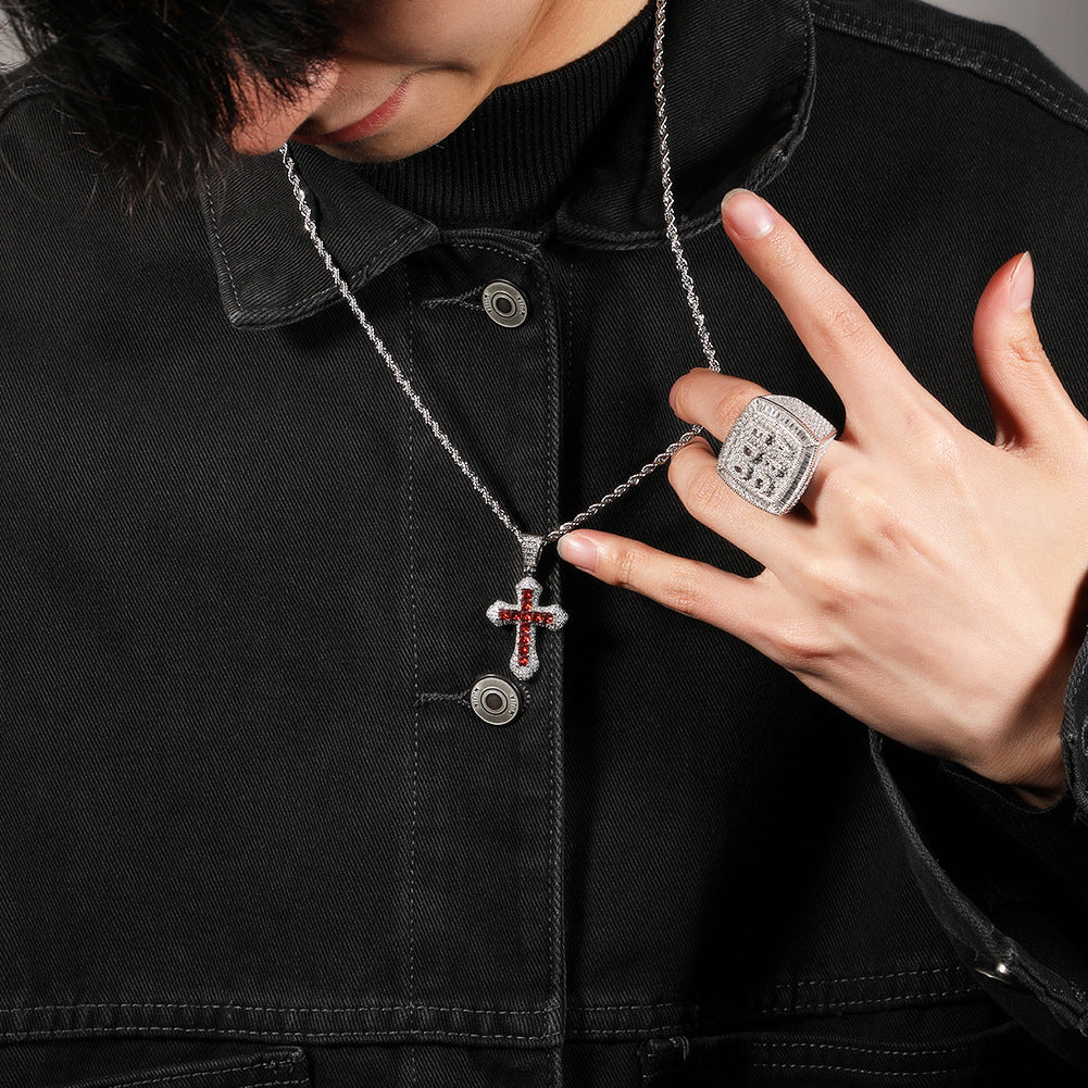 Blue Zircon Cross Pendant Necklace — Iced Out Colorful CZ Cross Unisex Jewelry, 7 Colors, 24" Chain