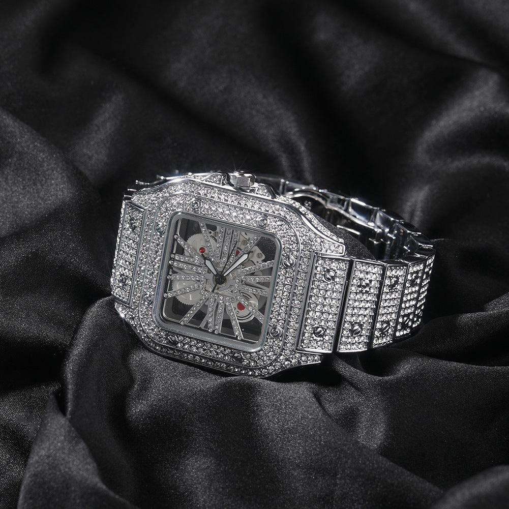 Hip-Hop Diamond-Encrusted Hollow Square Face Watch