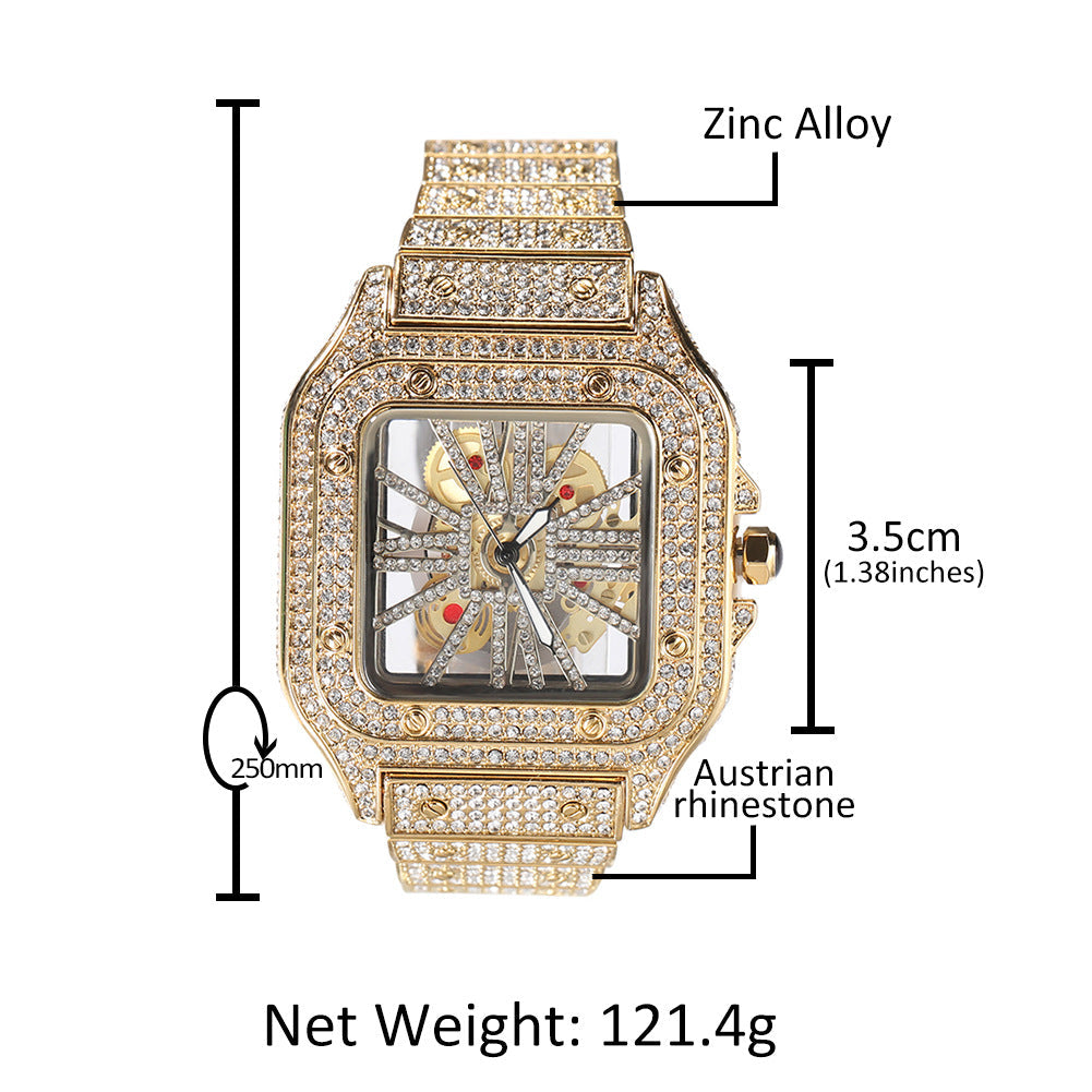 Hip-Hop Diamond-Encrusted Hollow Square Face Watch