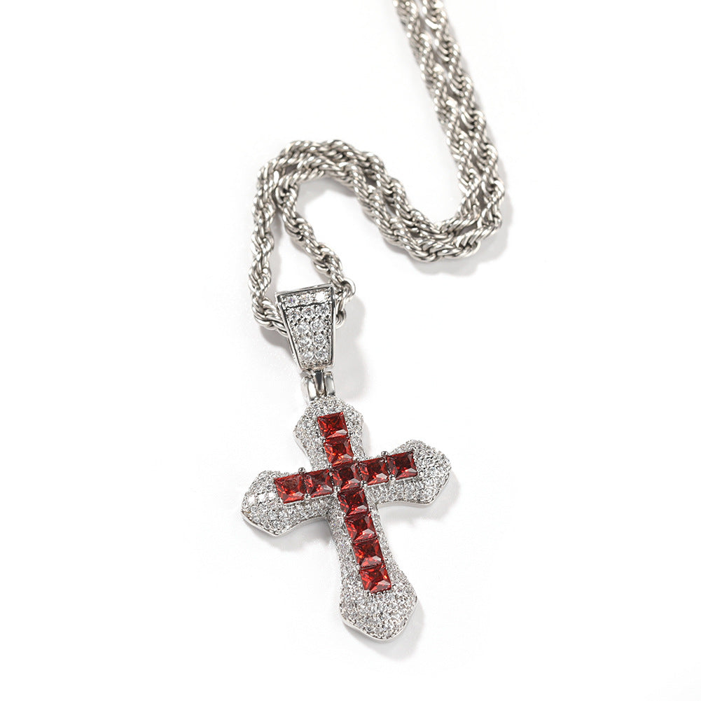 Blue Zircon Cross Pendant Necklace — Iced Out Colorful CZ Cross Unisex Jewelry, 7 Colors, 24" Chain