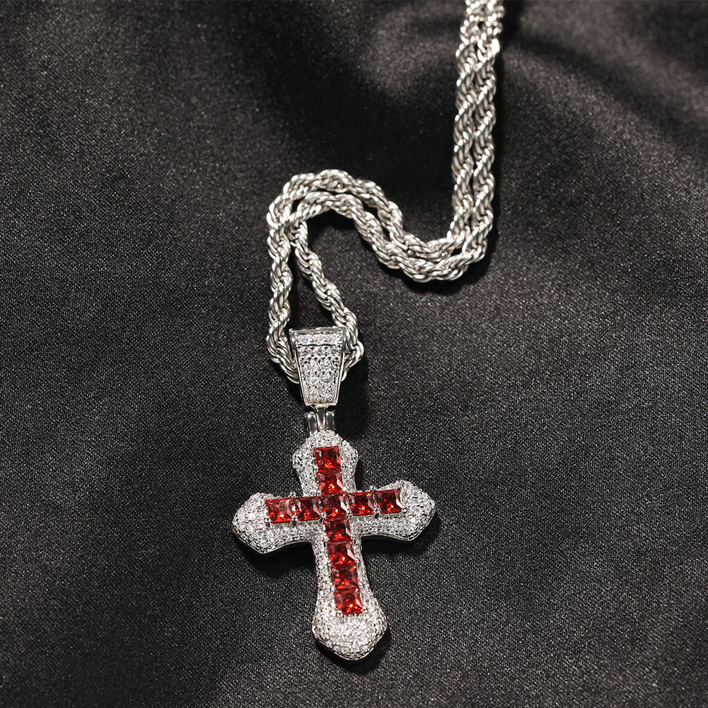 Blue Zircon Cross Pendant Necklace — Iced Out Colorful CZ Cross Unisex Jewelry, 7 Colors, 24" Chain