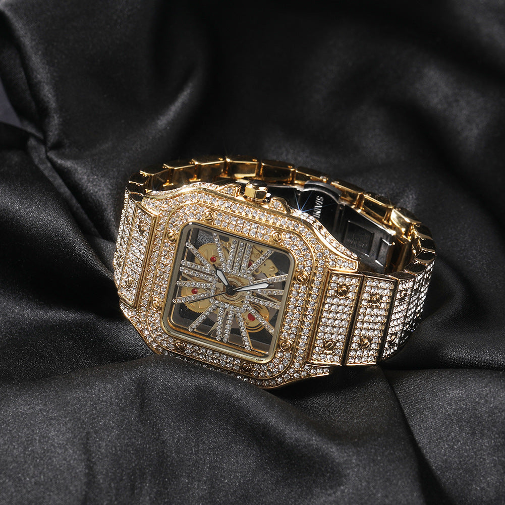 Hip-Hop Diamond-Encrusted Hollow Square Face Watch