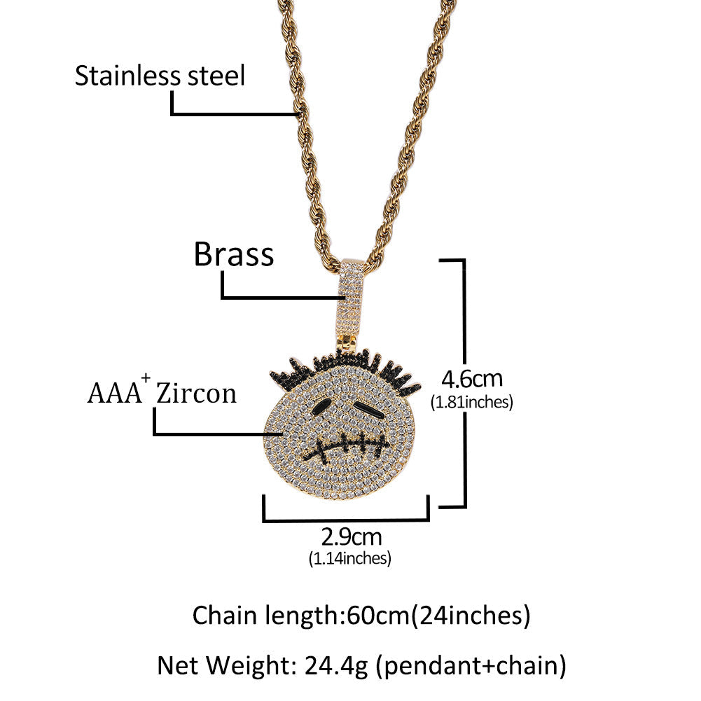 Zircon Spiky Cartoon Avatar Pendant Necklace — Iced Out Quirky Unisex Street Jewelry, Gold & Silver, 24" Chain
