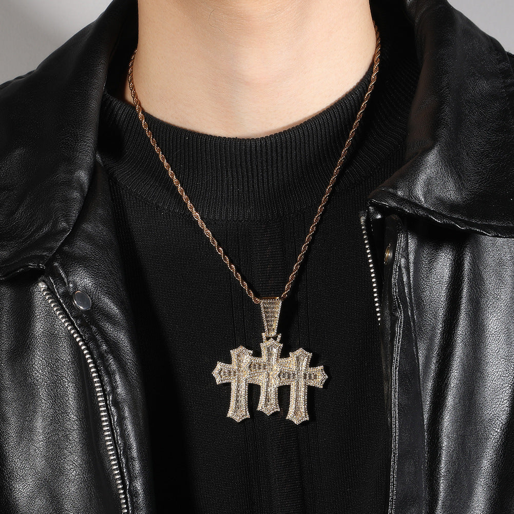 Square Zircon Diamond-Studded Cross Hip-Hop Pendant