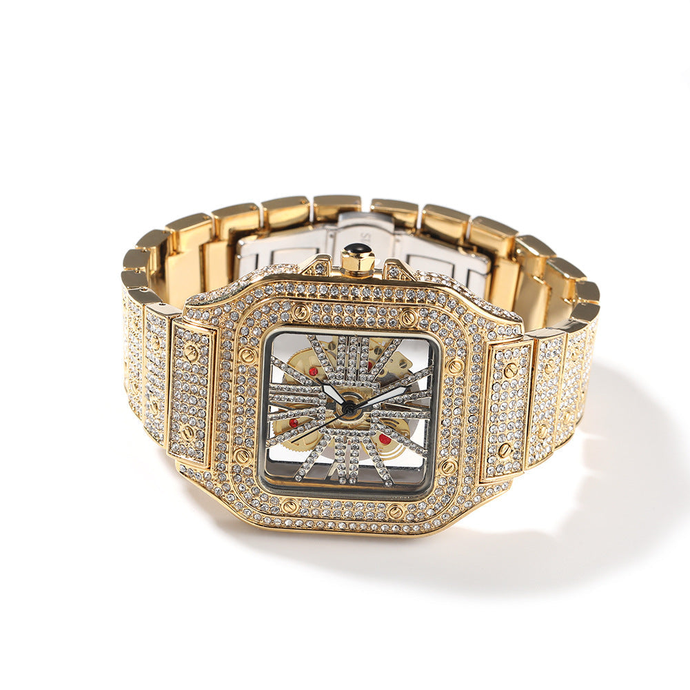 Hip-Hop Diamond-Encrusted Hollow Square Face Watch