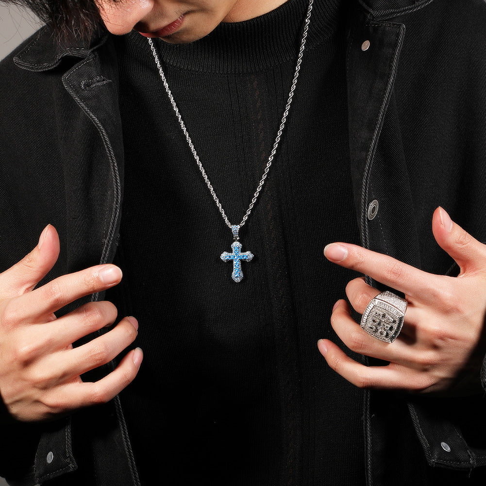 Blue Zircon-Set Cross Hip-Hop Pendant Necklace