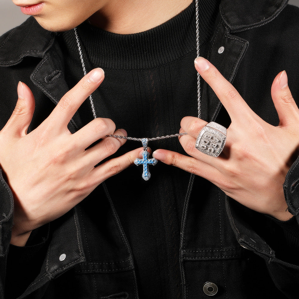 Blue Zircon Cross Pendant Necklace — Iced Out Colorful CZ Cross Unisex Jewelry, 7 Colors, 24" Chain
