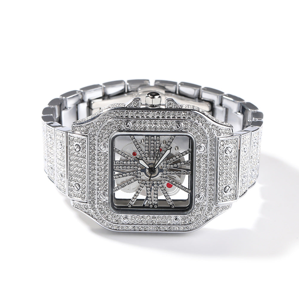 Hip-Hop Diamond-Encrusted Hollow Square Face Watch