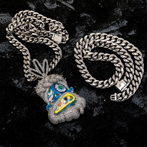 Colorful Drip Oil Diamond Cartoon Head Pendant — Enamel & Diamond Unisex Statement Jewelry, Gold & Silver