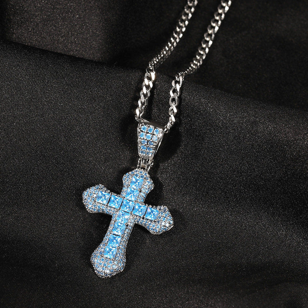 Blue Zircon Cross Pendant Necklace — Iced Out Colorful CZ Cross Unisex Jewelry, 7 Colors, 24" Chain