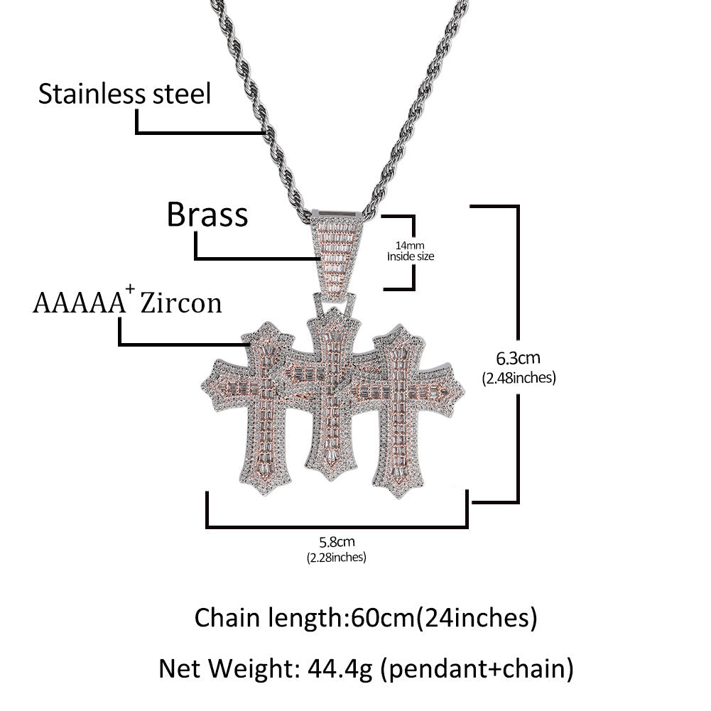 Square Zircon Diamond-Studded Cross Pendant — Geometric Iced Out Unisex Jewelry, Gold & Two-Tone, 24" Chain