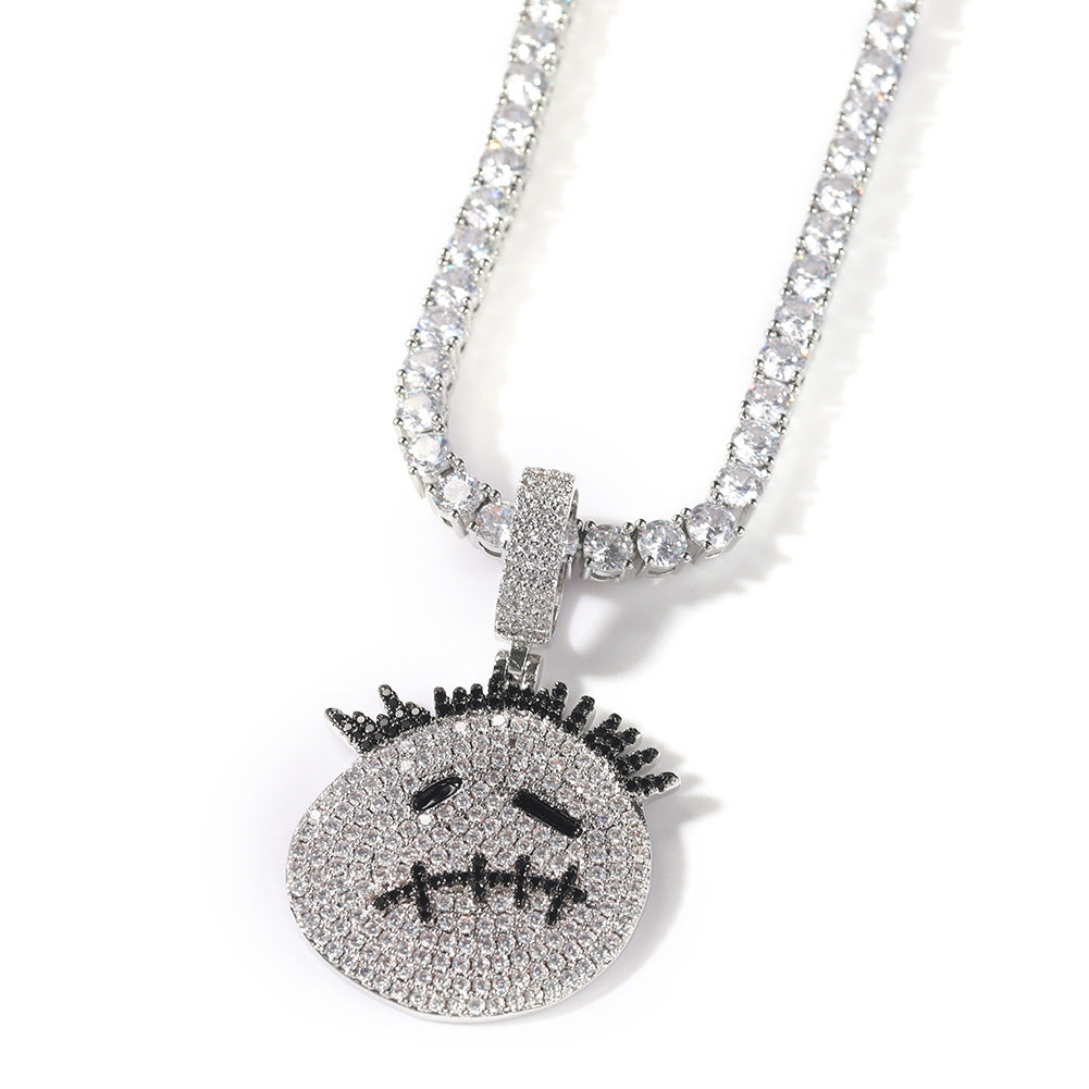 Zircon Spiky Cartoon Avatar Pendant Necklace — Iced Out Quirky Unisex Street Jewelry, Gold & Silver, 24" Chain