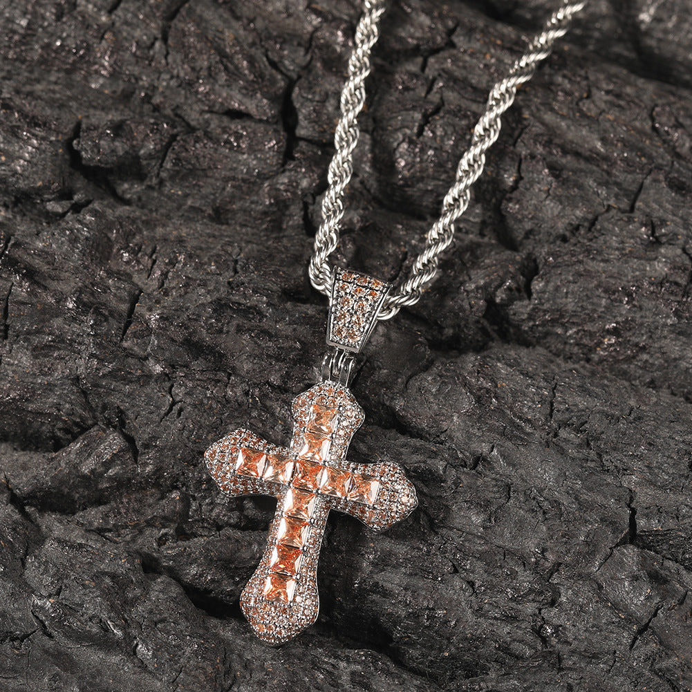 Blue Zircon Cross Pendant Necklace — Iced Out Colorful CZ Cross Unisex Jewelry, 7 Colors, 24" Chain