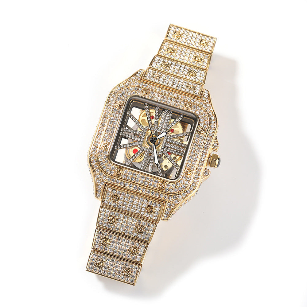 Hip-Hop Diamond-Encrusted Hollow Square Face Watch