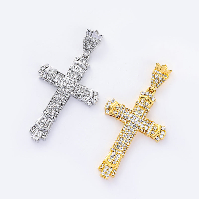Vintage Diamond-Encrusted Cross Pendant Necklace — Iced Out Retro Unisex Street Jewelry, Gold & Silver