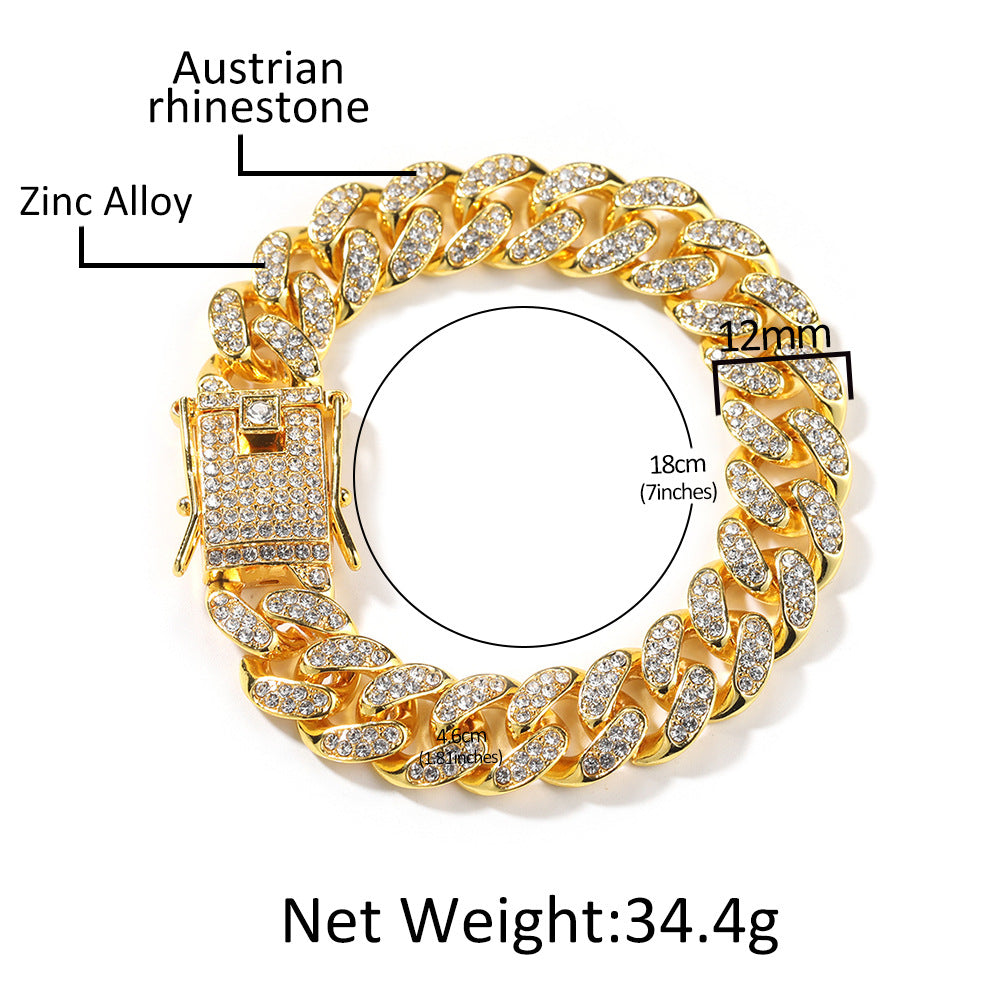 12MM Diamond-Encrusted Cuban Link Bracelet — Iced Out Thick Wristwear, Gold & Silver, 7" & 8"