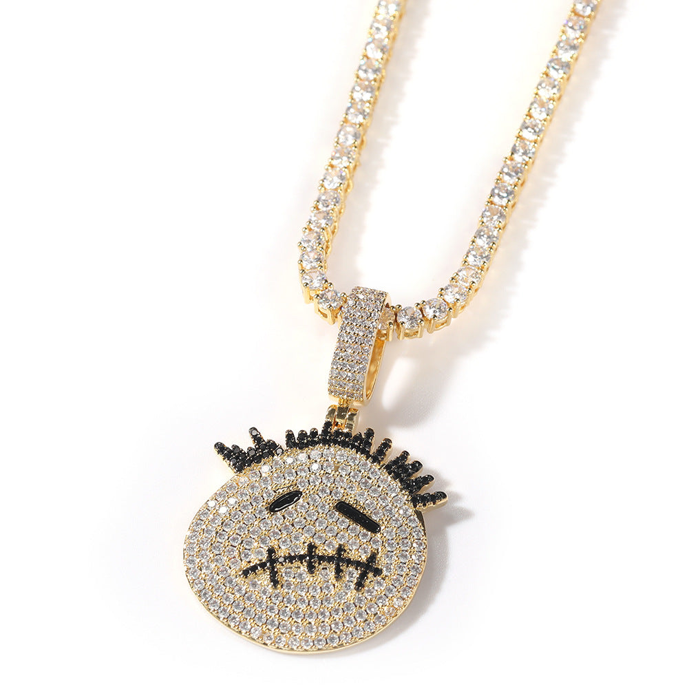 Zircon Spiky Cartoon Avatar Pendant Necklace — Iced Out Quirky Unisex Street Jewelry, Gold & Silver, 24" Chain