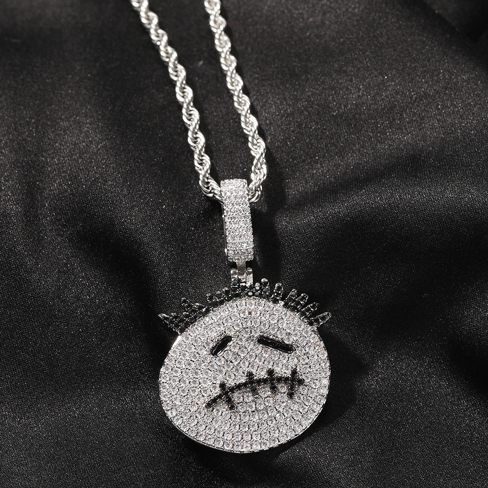 Zircon Spiky Cartoon Avatar Pendant Necklace — Iced Out Quirky Unisex Street Jewelry, Gold & Silver, 24" Chain
