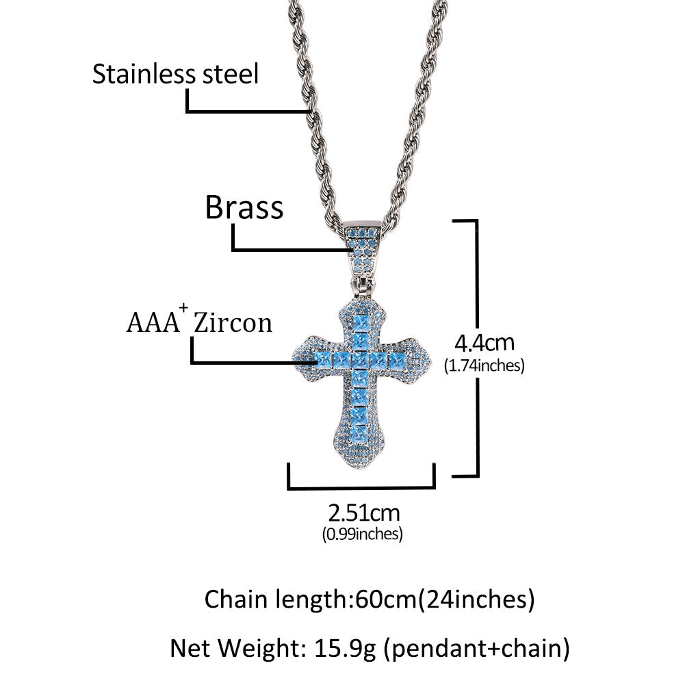 Blue Zircon Cross Pendant Necklace — Iced Out Colorful CZ Cross Unisex Jewelry, 7 Colors, 24" Chain