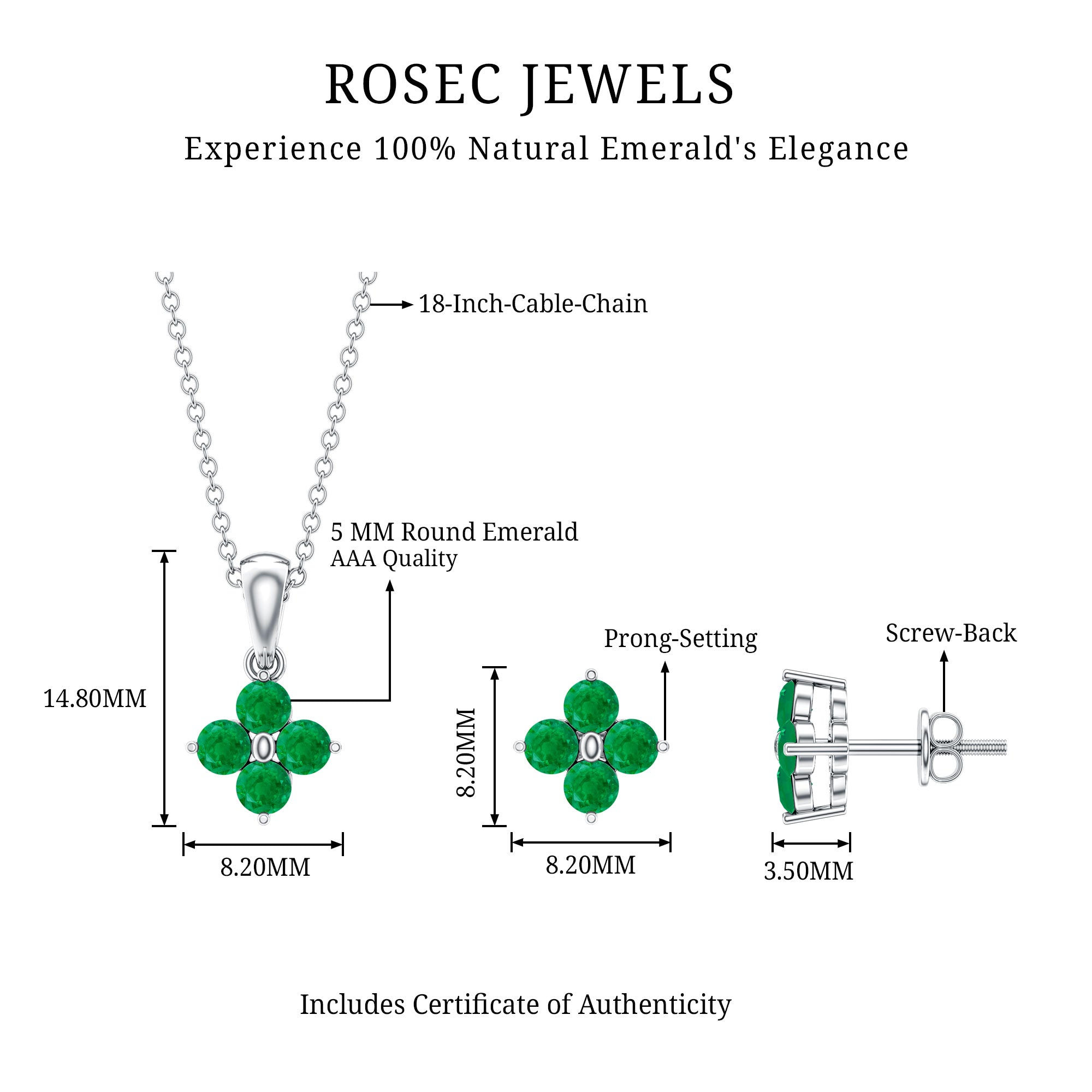 Natural Emerald Clover Jewelry Set for Women — Lucky Four-Leaf Clover Necklace, Earrings & Ring