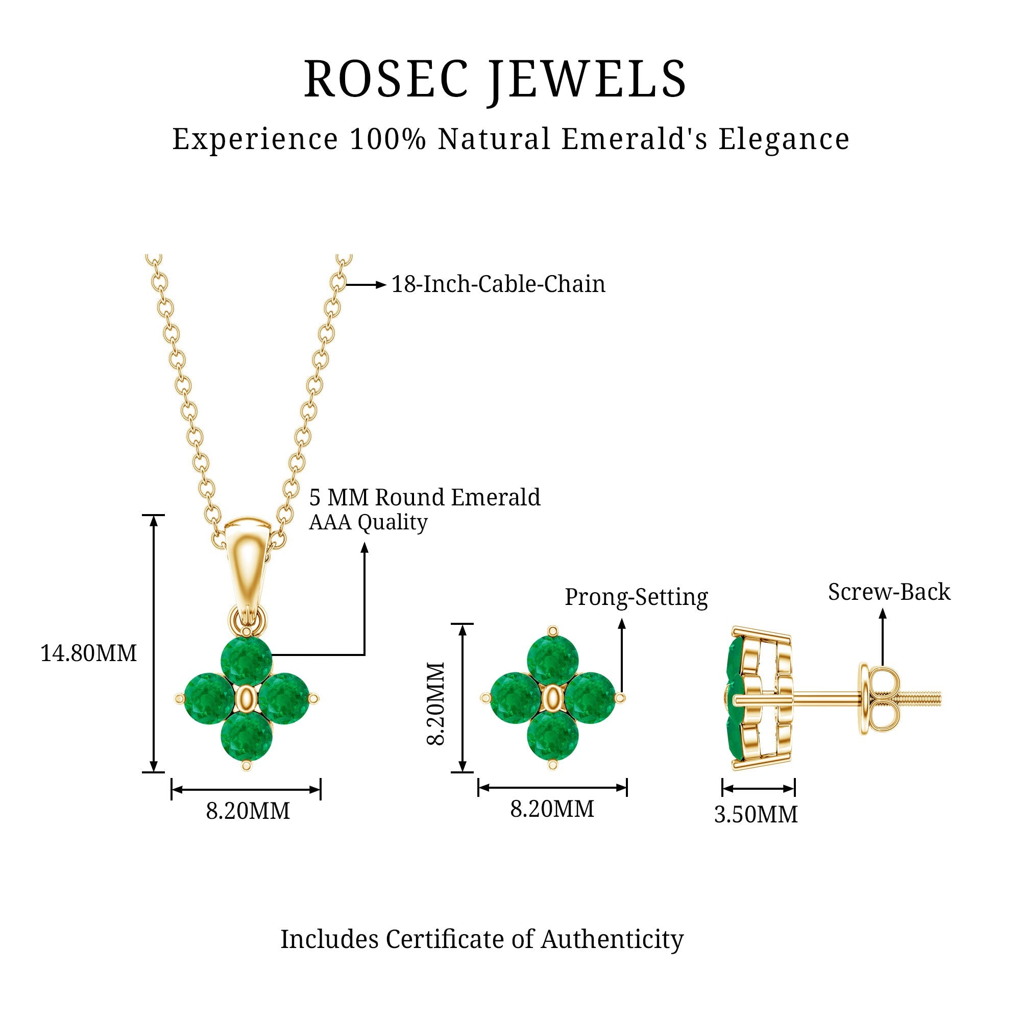 Natural Emerald Clover Jewelry Set for Women — Lucky Four-Leaf Clover Necklace, Earrings & Ring