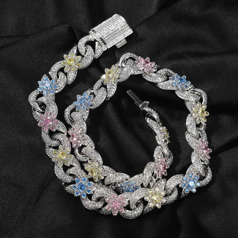 Colorful Floral Cuban Link Necklace & Bracelet Set