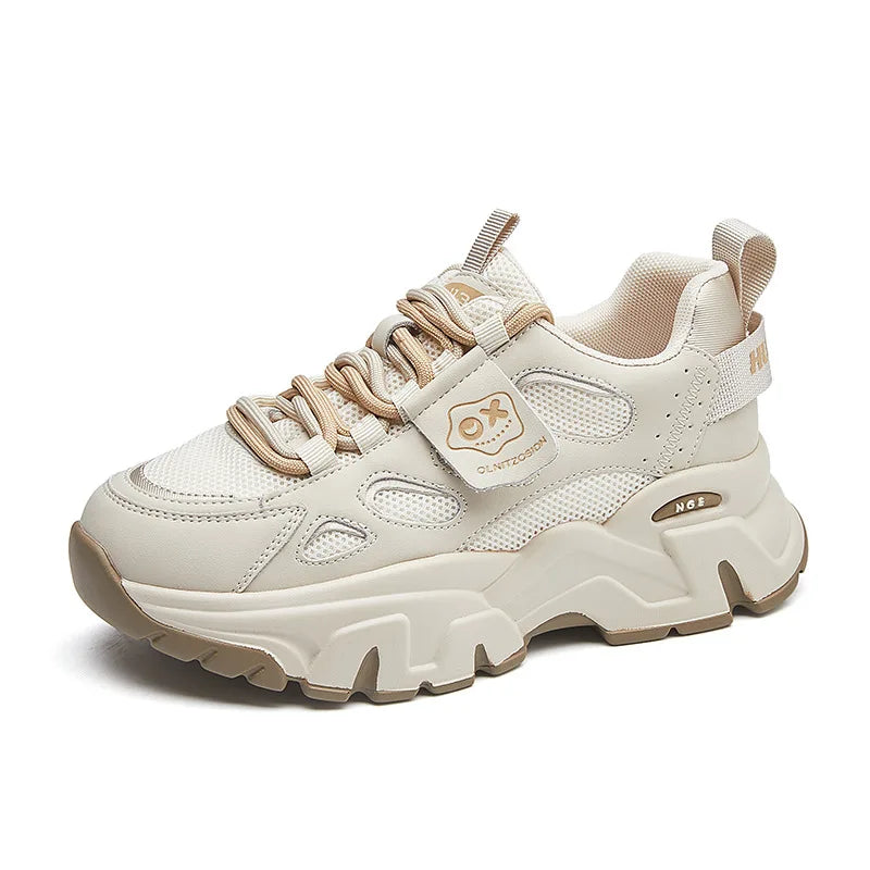 Fujin 5cm Genuine Leather Women Platform Wedge Chunky Sneakers – Breathable Autumn Winter