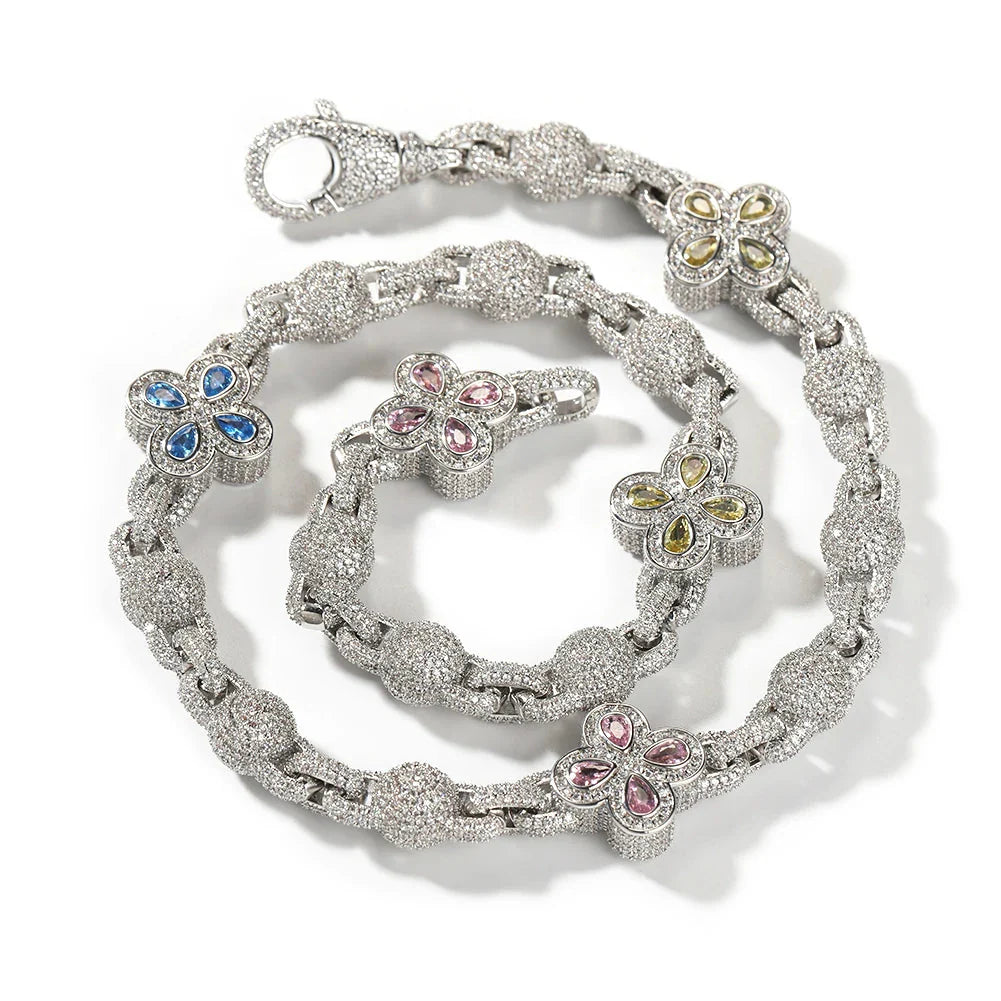 Four-Leaf Clover Baguette Necklace — Colorful Iced Out Chain Jewelry, Gold Silver & Mixed Stones, 16–24"