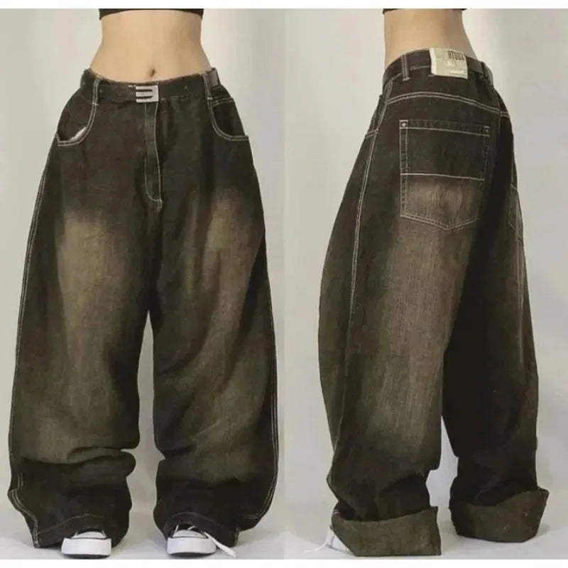 Y2K Gothic High Waist Baggy Jeans – Women's Multi-Pocket Wide Leg Denim