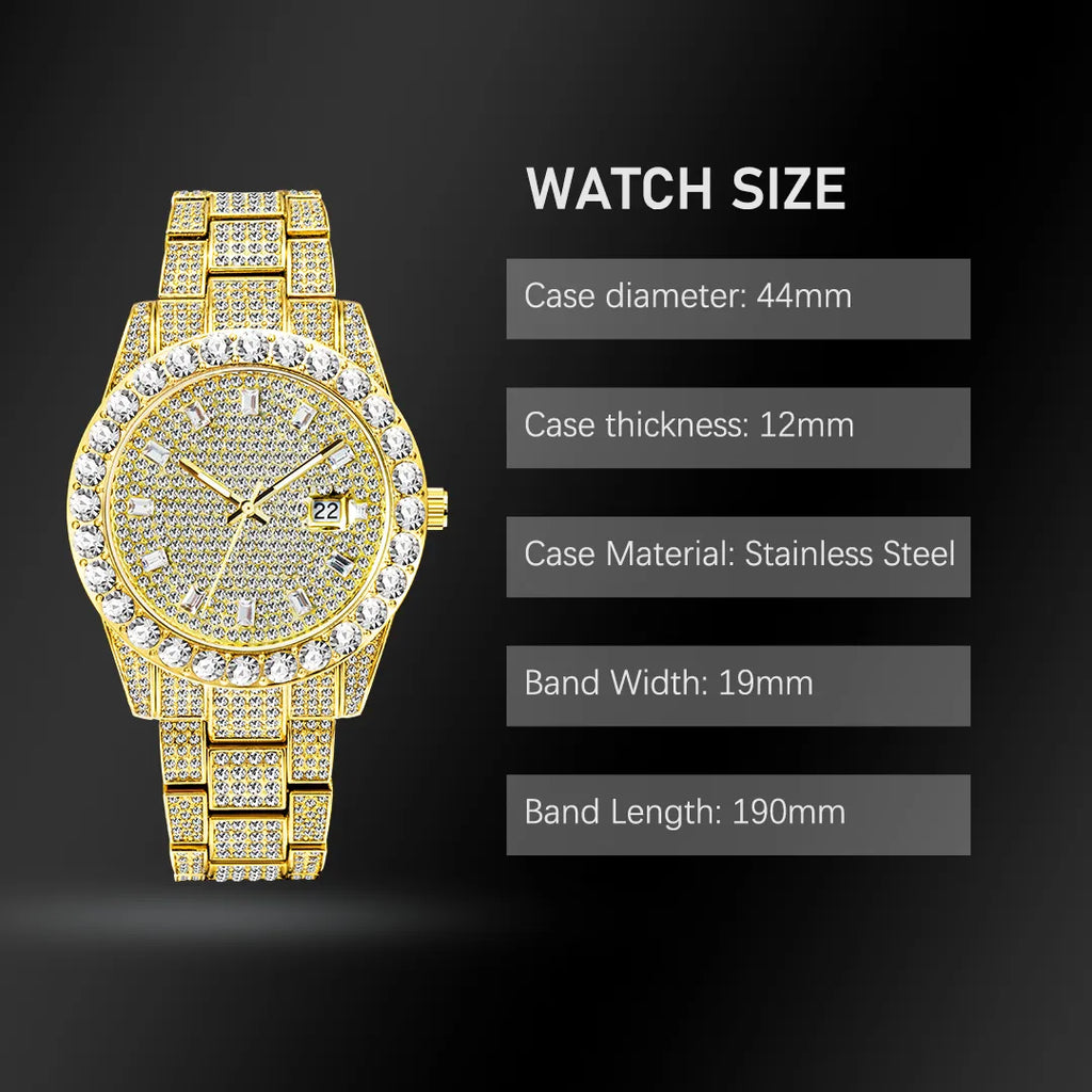 Rock Solid — Waterproof Hip Hop Diamond Quartz Watch, Iced Out Dial, Gold & Silver | FireDrips Streetwear
