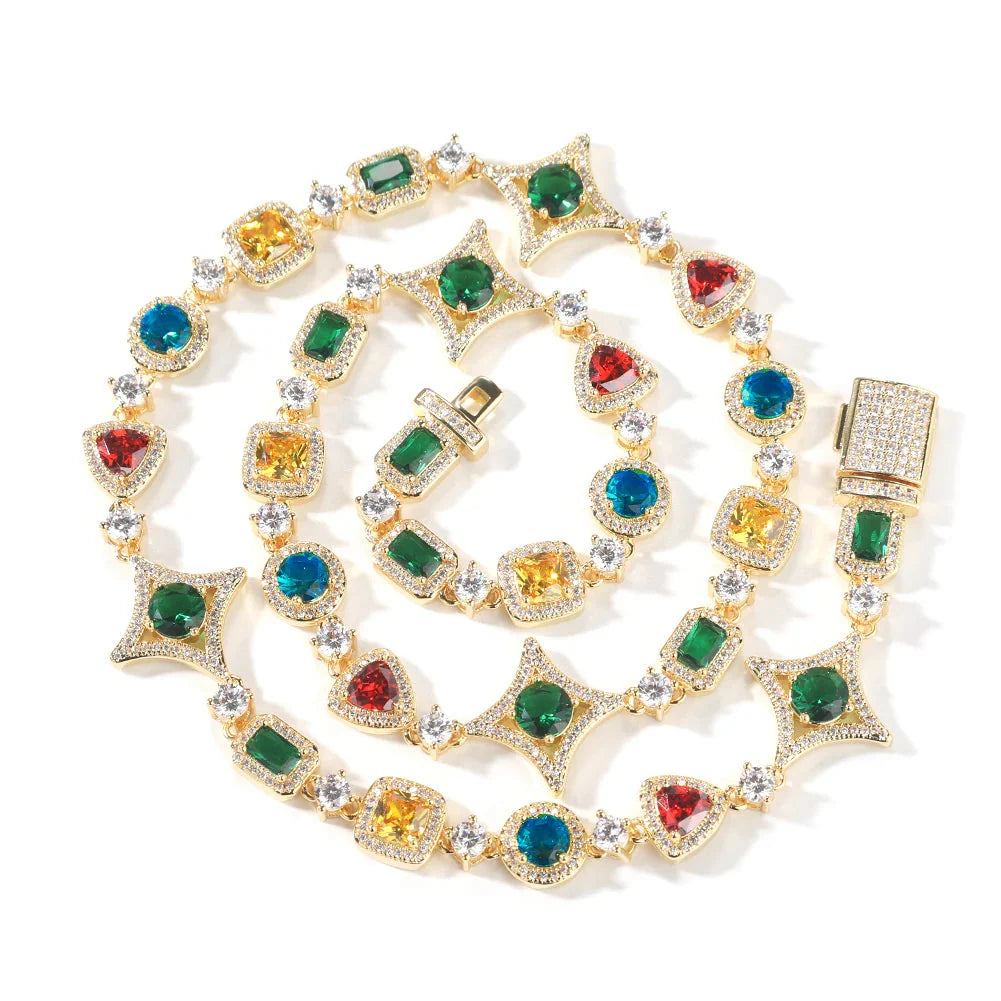 Rainbow Gemstone Necklace & Bracelet Set — Iced Out Heart Star Square Link Chain Women's Jewelry, Gold & Silver