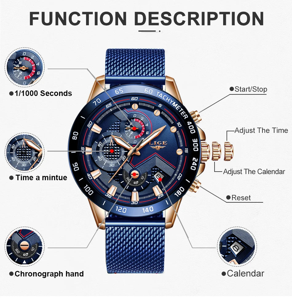 LIGE Women's Stainless Steel Chronograph Watch — Rose Gold Quartz Sport Bracelet, Waterproof | FireDrips