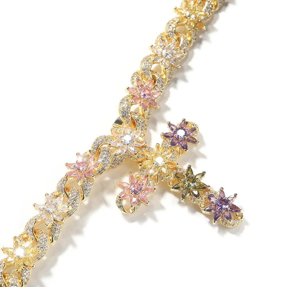 Colorful Floral Cuban Cross Chain Necklace