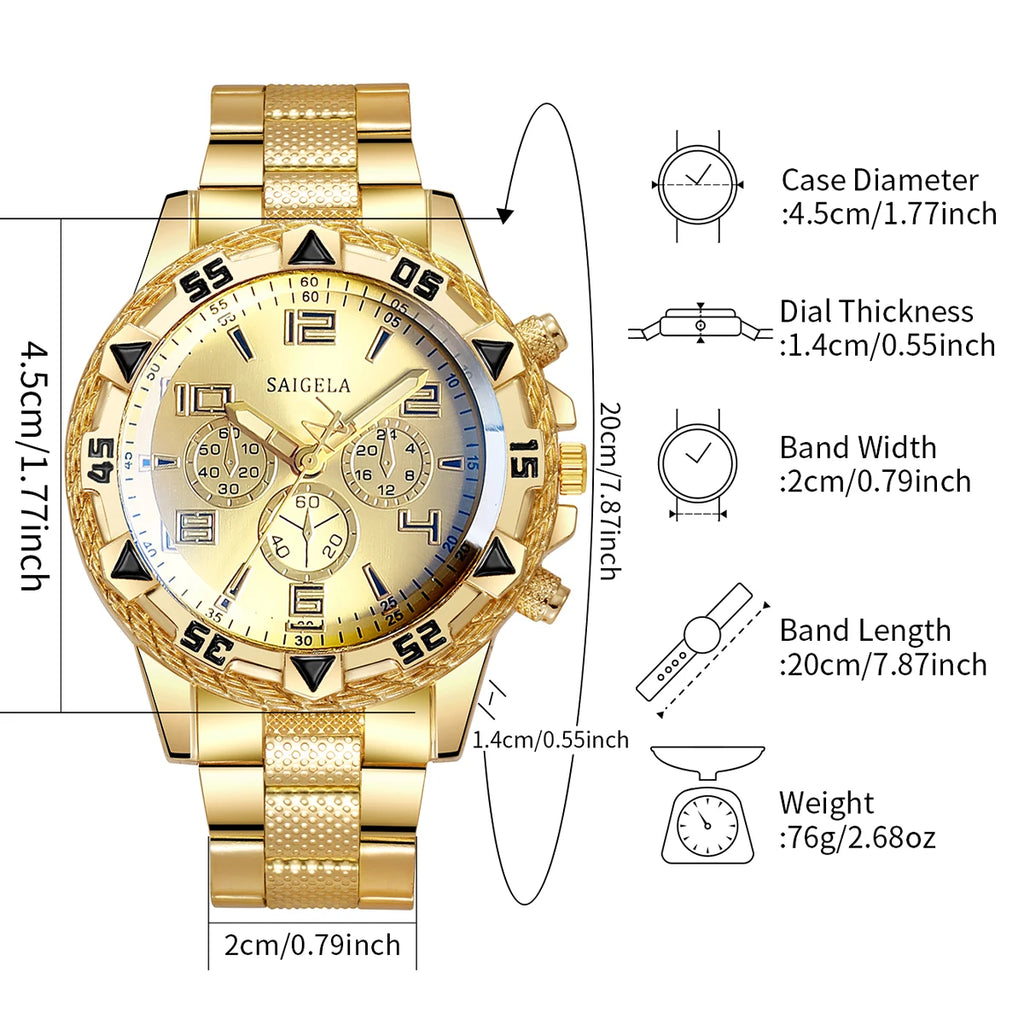 3pcs/Set Steel Band Men's Watches Arabic Dial Jewelry Set Relogio Masculino