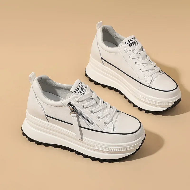 Fujin Genuine Leather Platform Wedge Chunky Sneakers – Lace-Up Street Style