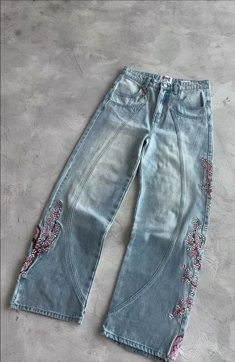 Cherry Blossom Black Y2K Jeans – Women's Graphic Denim