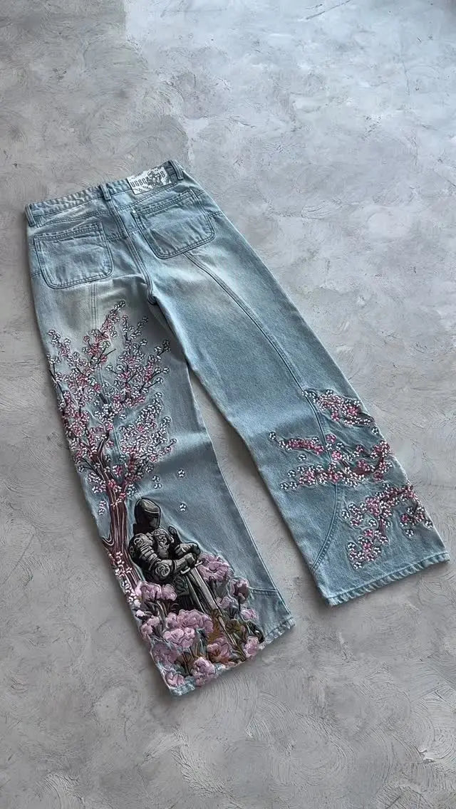 Cherry Blossom Black Y2K Jeans – Women's Graphic Denim