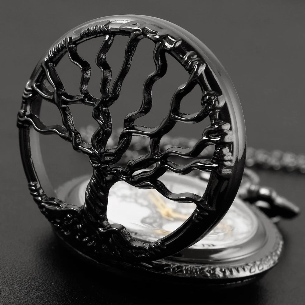 Tree of Life Pocket Watch — All Black Vintage Quartz Fob Watch with Necklace Chain | FireDrips