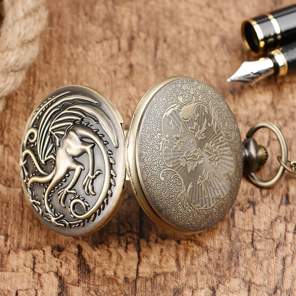 Three-Headed Dragon Pocket Watch — Vintage Bronze Quartz Fob Watch with Necklace Chain | FireDrips