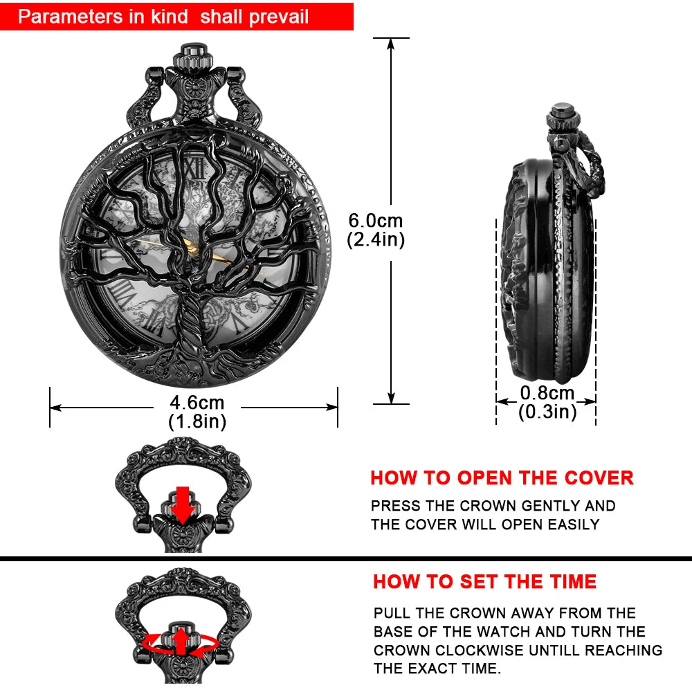 Tree of Life Pocket Watch — All Black Vintage Quartz Fob Watch with Necklace Chain | FireDrips