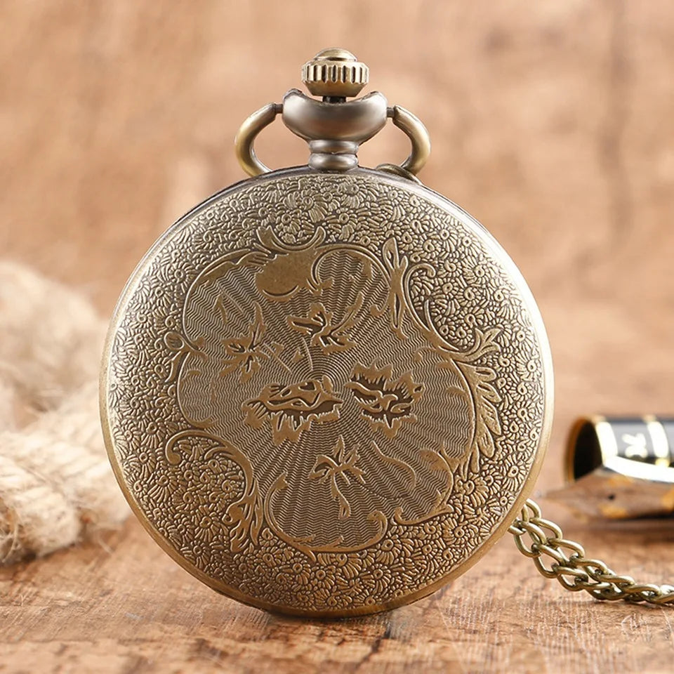 Three-Headed Dragon Pocket Watch — Vintage Bronze Quartz Fob Watch with Necklace Chain | FireDrips