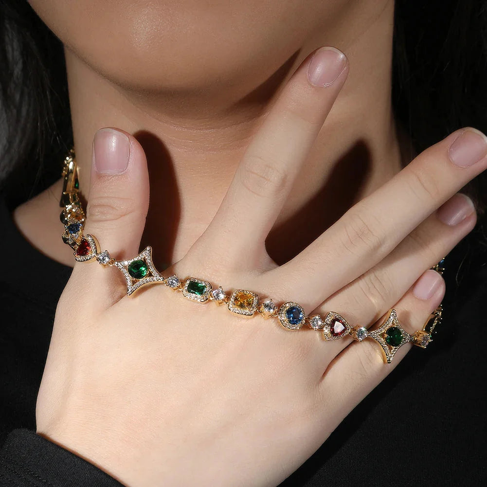 Rainbow Gemstone Necklace & Bracelet Set — Iced Out Heart Star Square Link Chain Women's Jewelry, Gold & Silver
