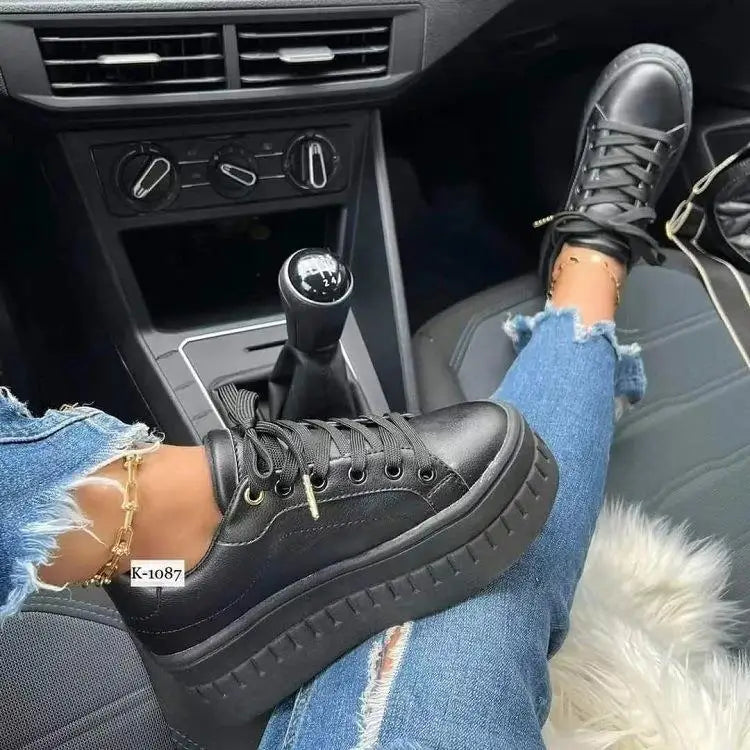 Women's Leather Platform Chunky Heel Sneakers – Casual Designer Shoes