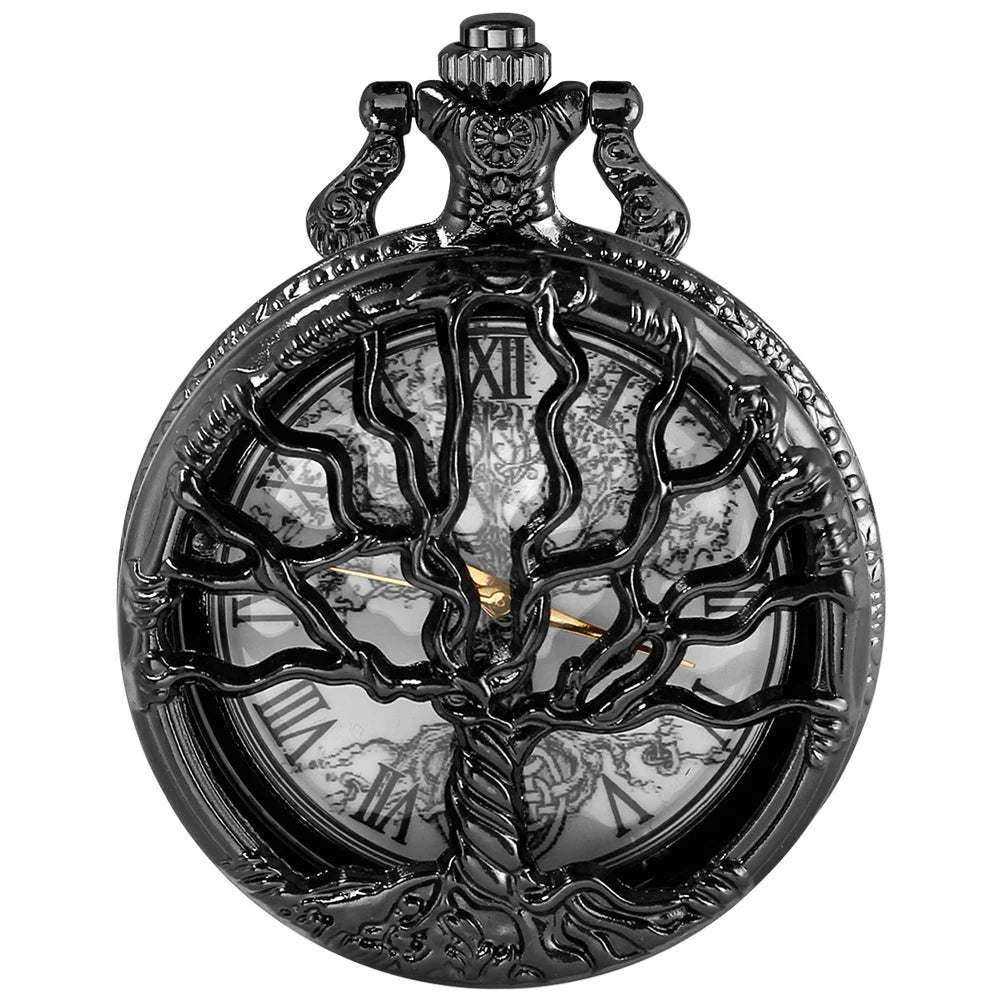 Tree of Life Pocket Watch — All Black Vintage Quartz Fob Watch with Necklace Chain | FireDrips