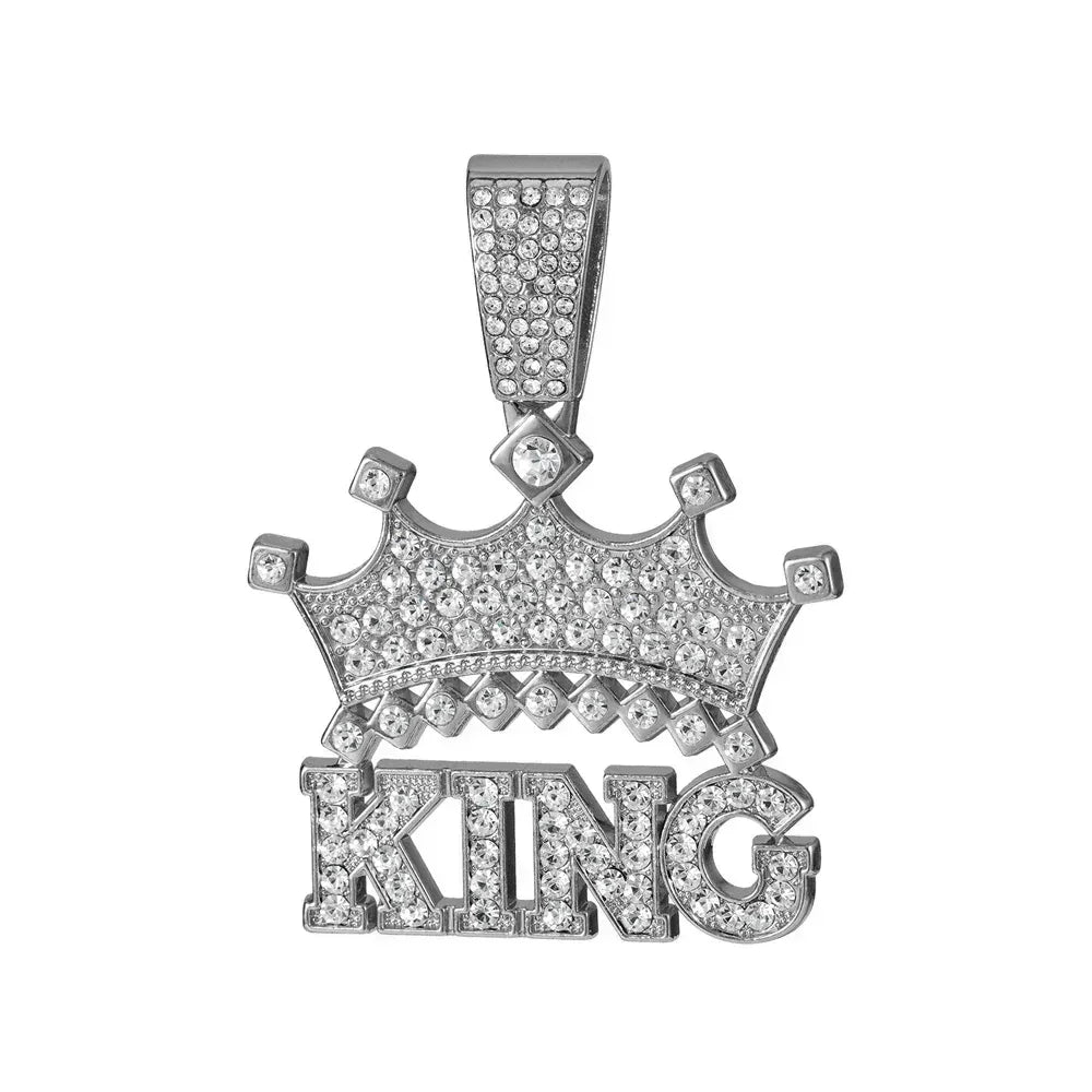 Men's Iced Crown King Pendant on 13MM Crystal Cuban Chain — Bold Statement Jewelry, Gold & Silver