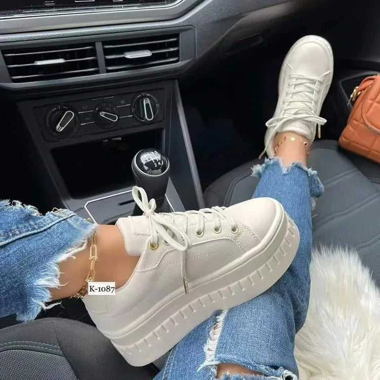 Women's Leather Platform Chunky Heel Sneakers – Casual Designer Shoes