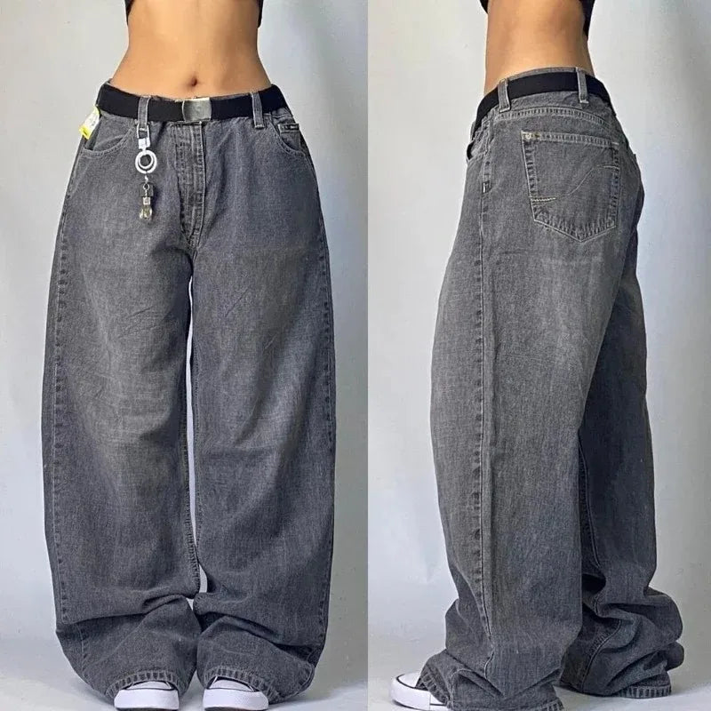 Y2K Gothic High Waist Baggy Jeans – Women's Multi-Pocket Wide Leg Denim