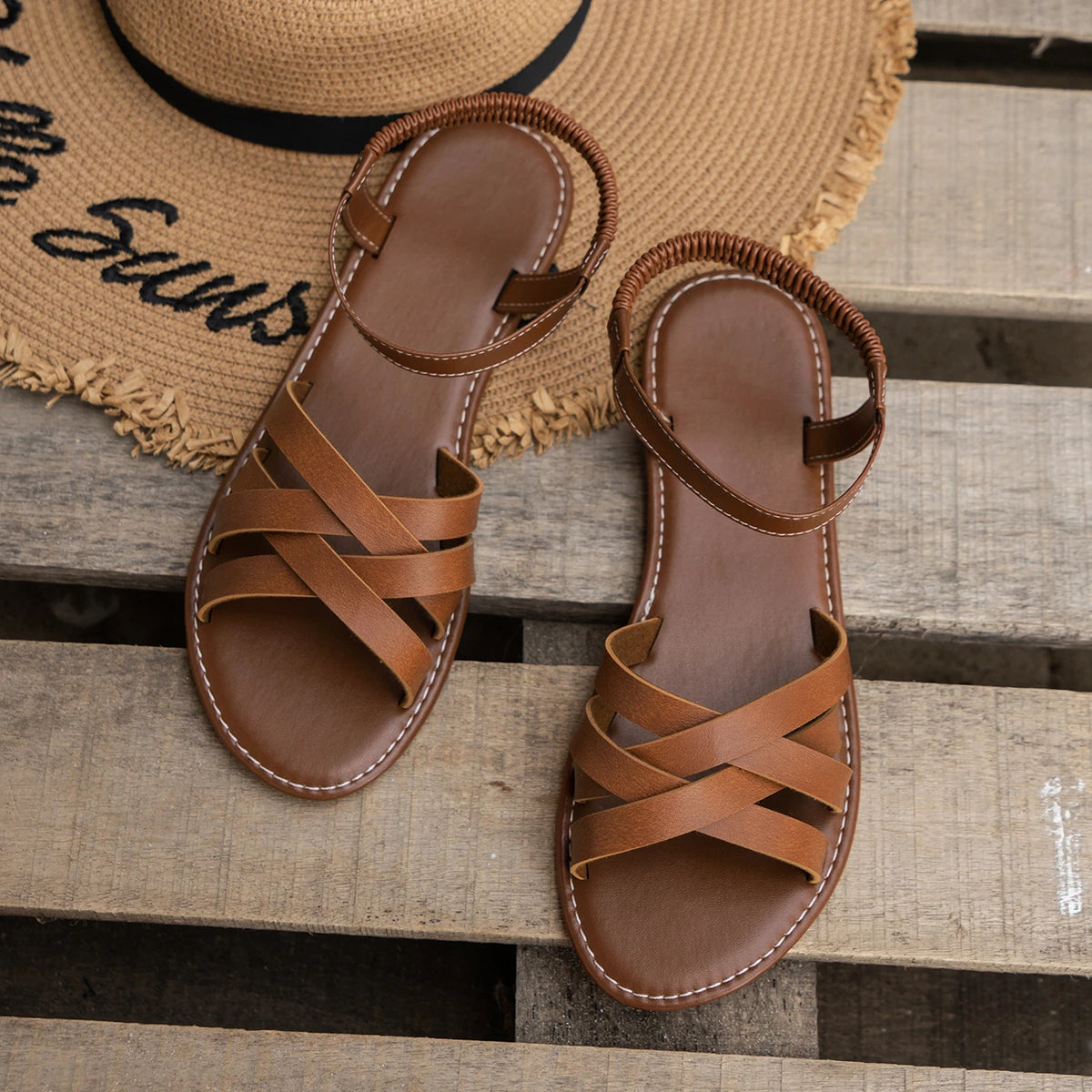 Roman Strap Flat Sandals – Non-Slip Rubber Sole Daily Slides