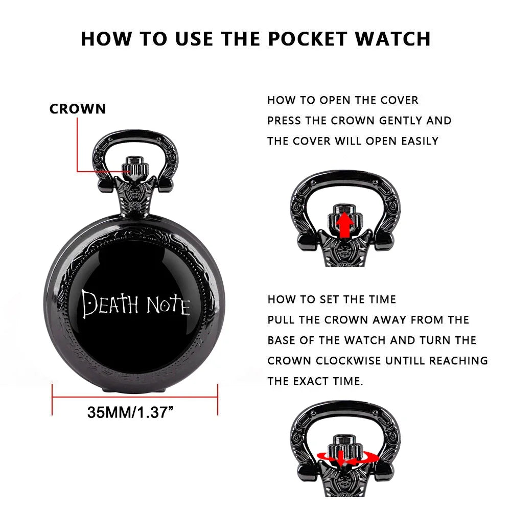Death Note Pocket Watch — Black Quartz Fob Watch with Chain, Anime Gift for Men & Women | FireDrips